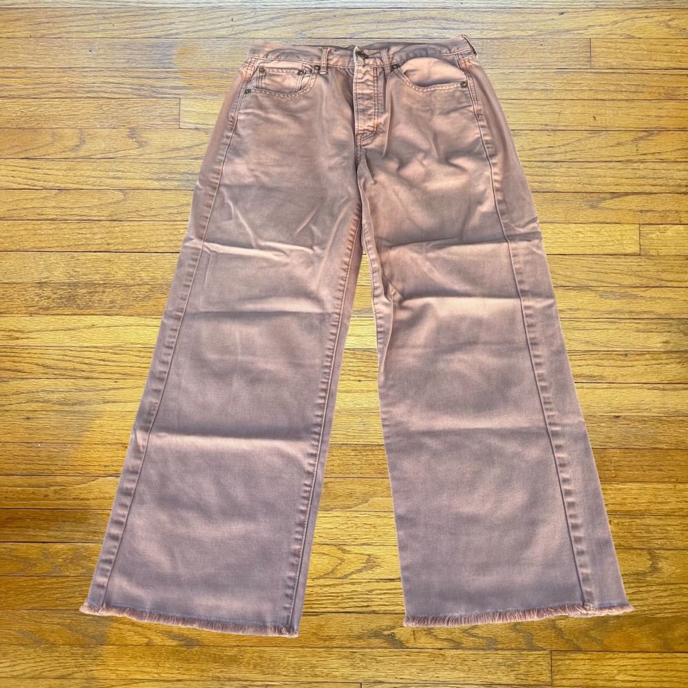 American Eagle Pink Wide Leg Raw Hem Jeans Mauve High Rise Cotton Size 2 Regular